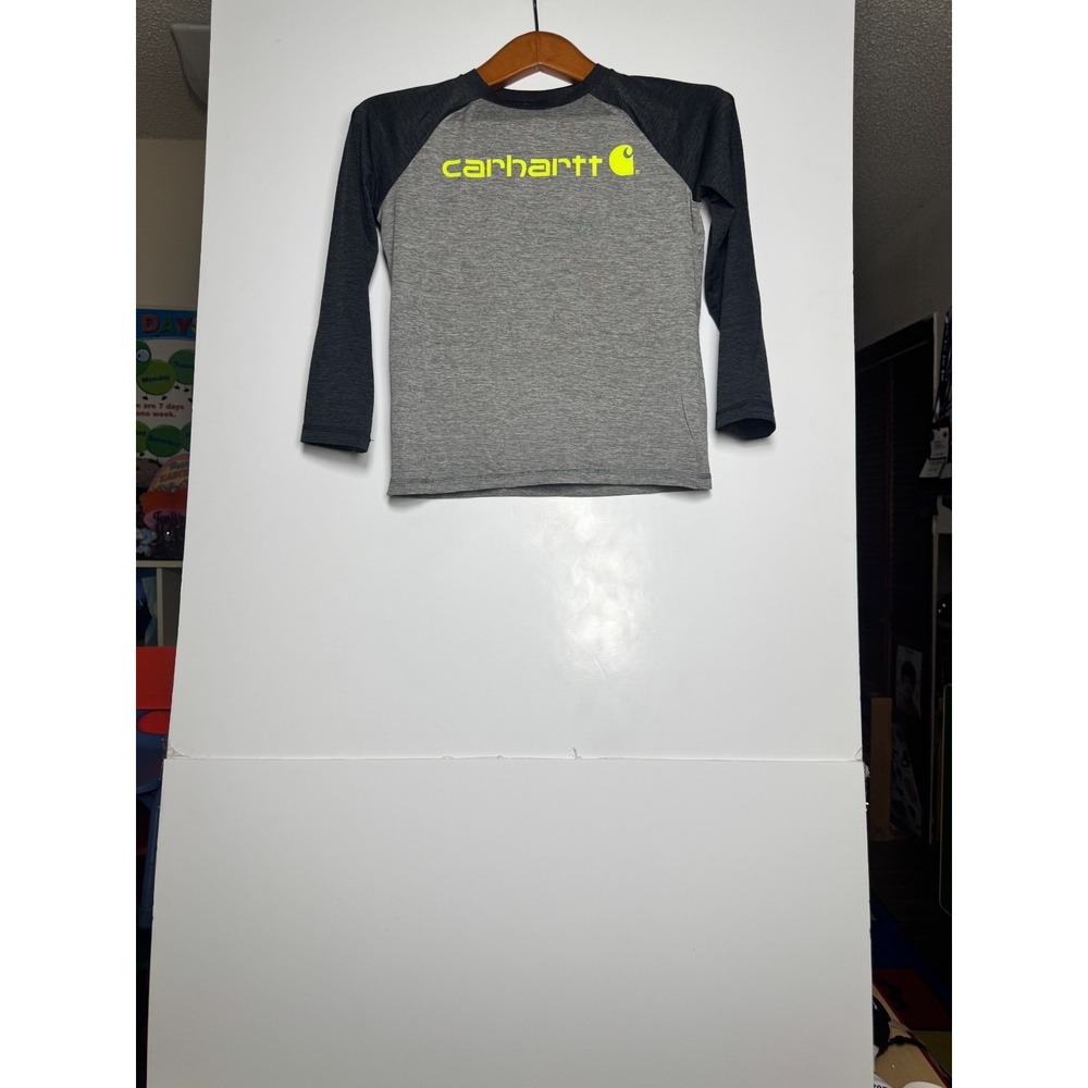 Carhartt Force T Shirt Boys Small‎ 8/10 Heather Gray Black Graphic Raglan Sleeve